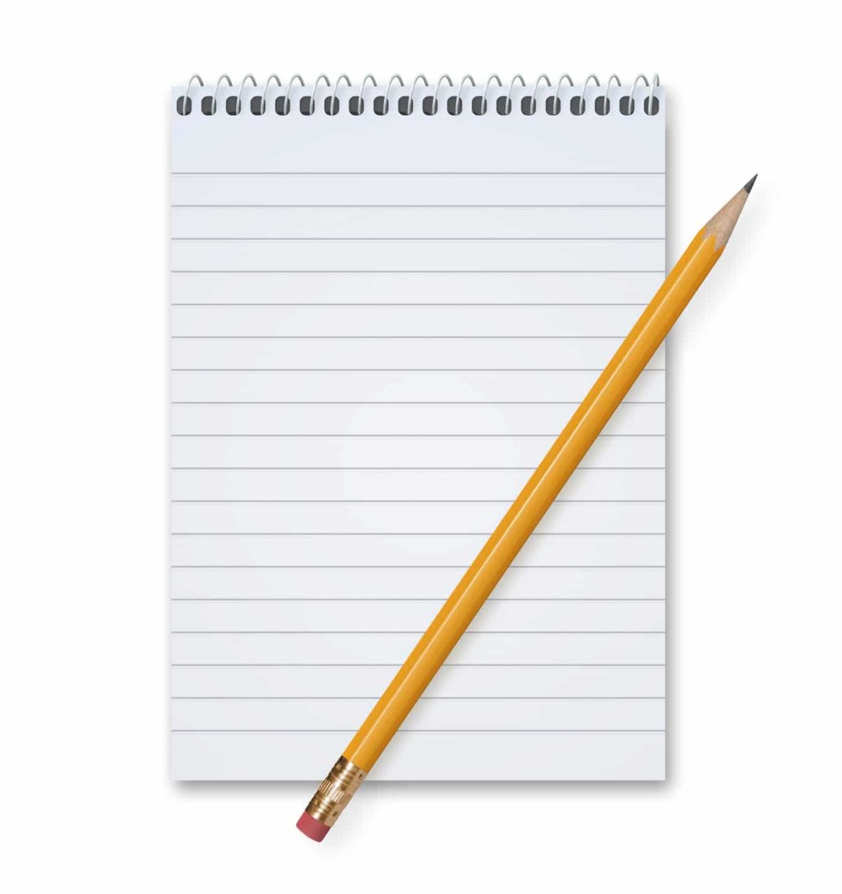 Orange Pencil on a blank notepad with metal spiral with lots of copy space, isolated on a white background with shadow.